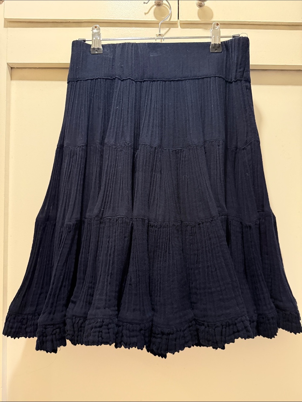 Tiered Navy Circle Skirt with Textured Ruffle Hem